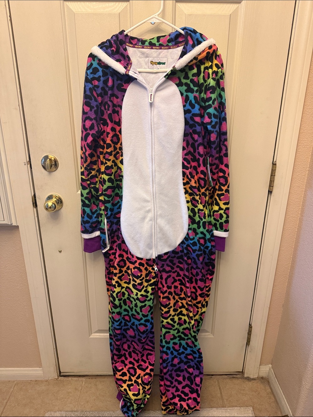 Tipsy Elves Rainbow Leopard Fleece Onesie with Hood